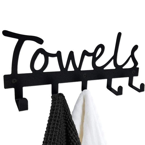 Ganchos para toallas Toalleros de baño Toallero y organizador Negro Arenado Montado en la pared 5 ganchos para puertas A prueba de herrumbre e impermeables para órganos de baño