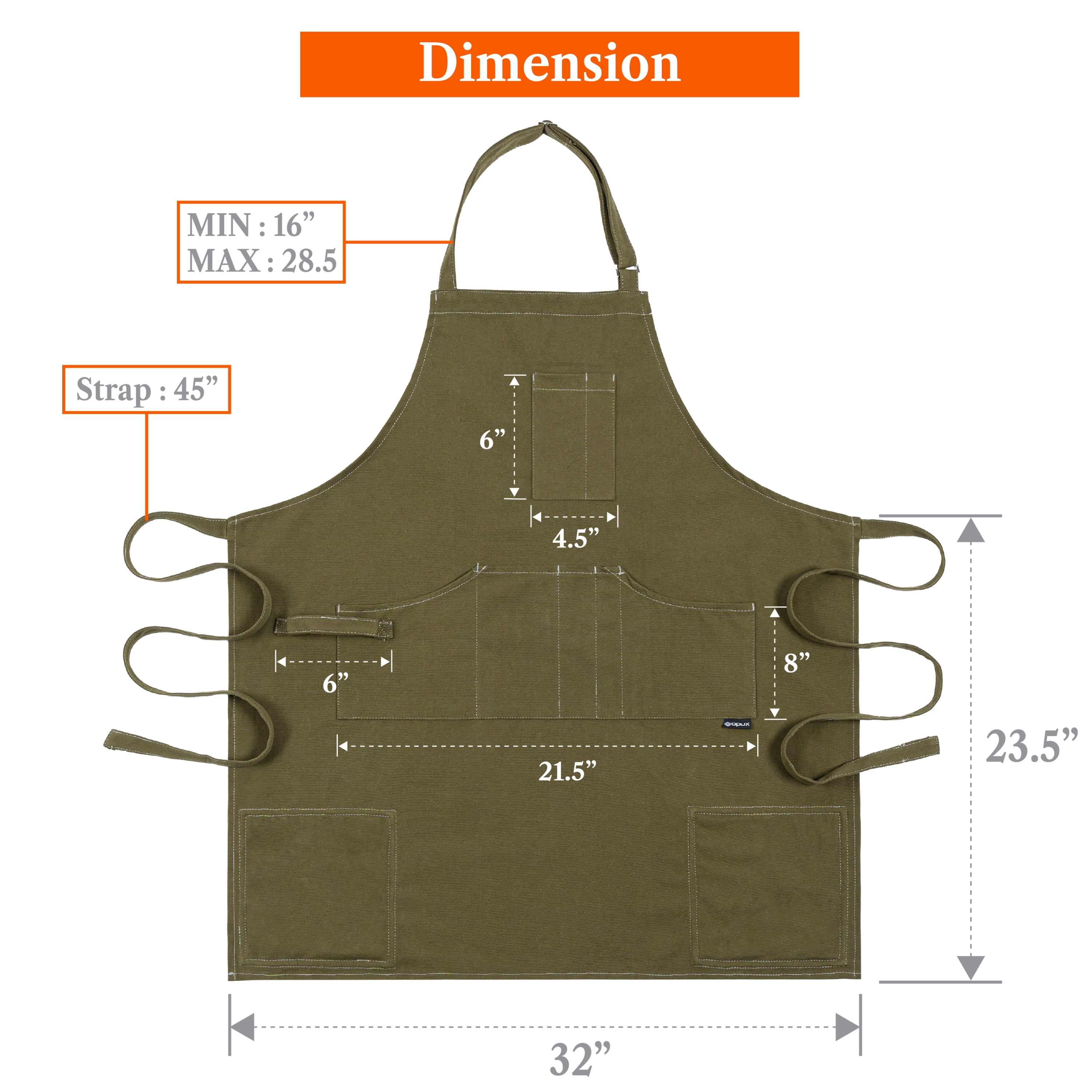OPUX Chef Apron for Men, Canvas Apron with Pockets for Women, Large BBQ Apron for Kitchen Grilling Baking, Heavy Duty Work Apron with Adjustable Neck Strap for Barber Gardening, Olive