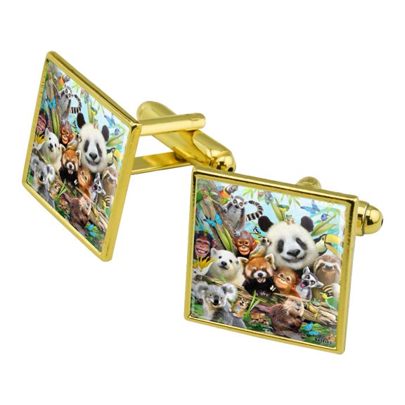 Animal Buddies Selfie Panda Polar Bear Sloth Lemur Toucan Square Cufflink Set - Silver or Gold