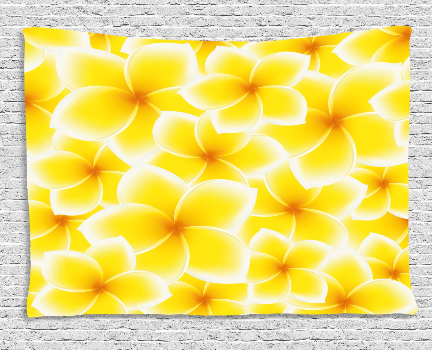 Yellow Decor Tapestry, Plumeria Frangipani Asian Cute Flower Blossom Pattern Hawaiian Artwork