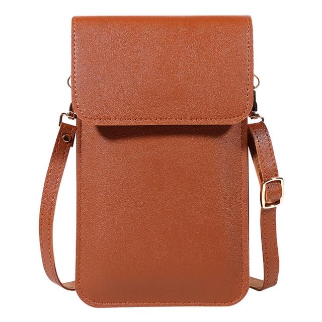 Bolsos cruzados pequeños para mujer, bolsos de cuero para teléfono móvil, cartera con cremallera, marrón