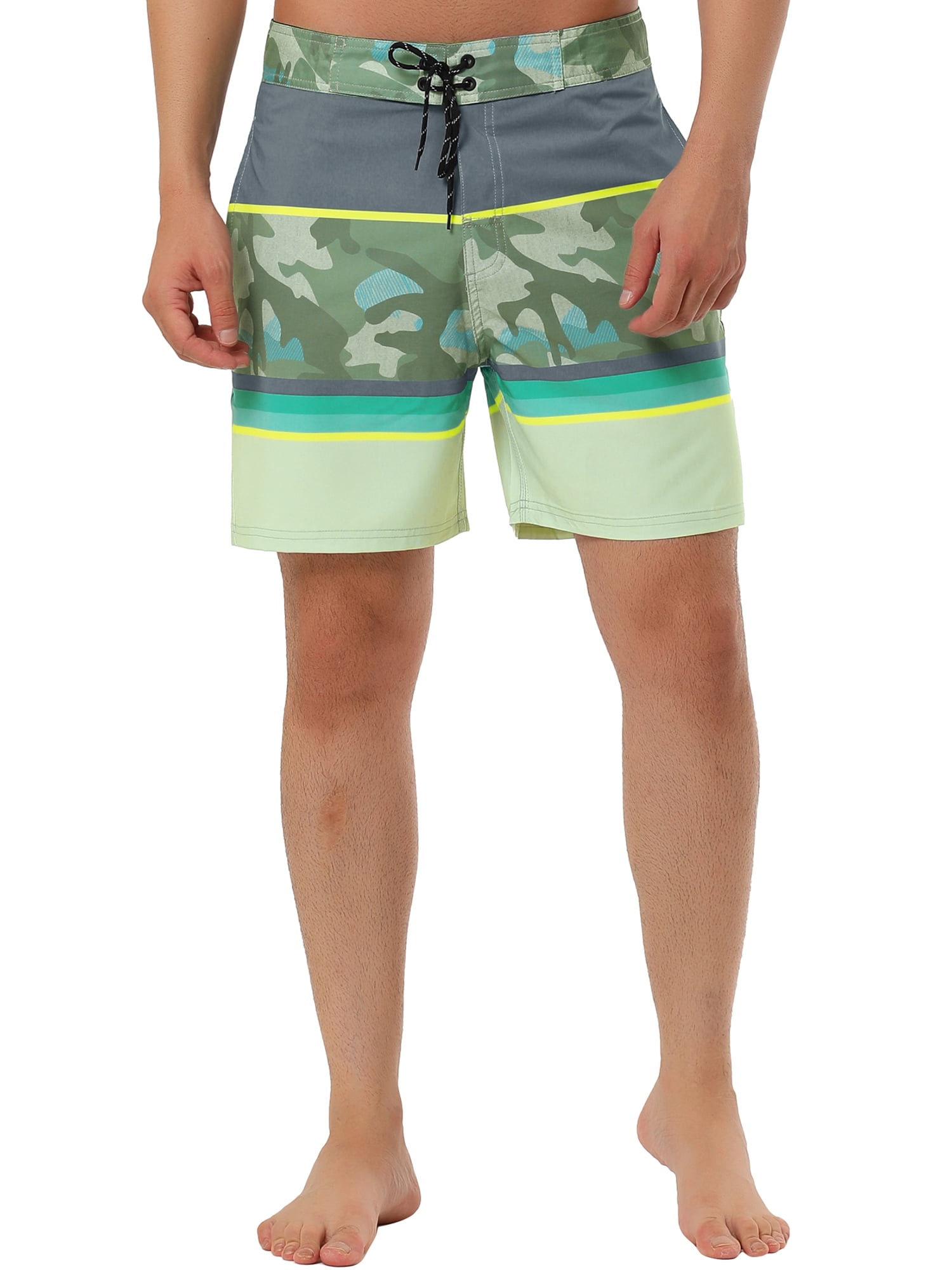 Unique Bargains Men's Summer Beach Drawstring Color Block Printed Swim Board Shorts 32 Beige Camo