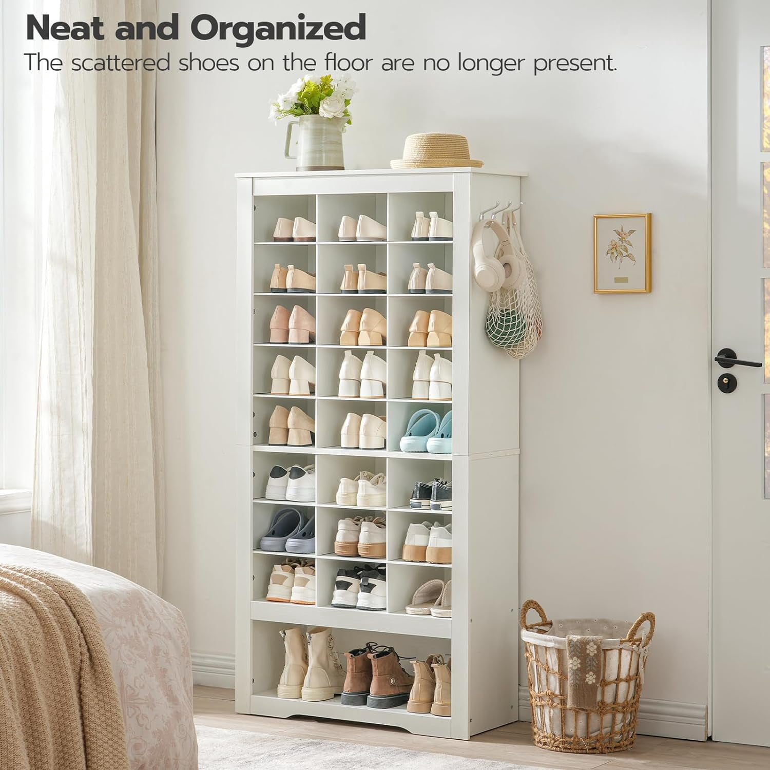 HOOBRO Heavy Duty 8-Tier Shoe Rack with 24 Cubbies & 3 Hooks, White
