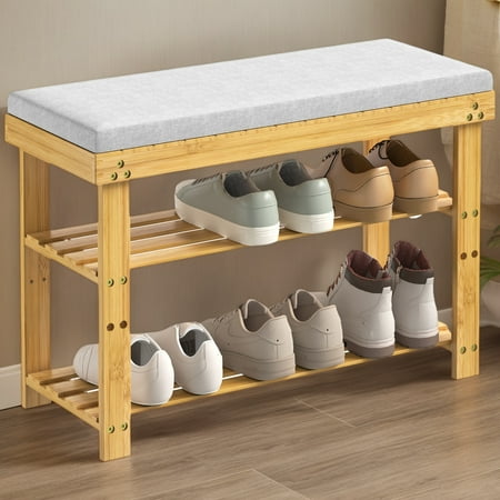 Bamboo Shoe Bench, 3-Tier Shoe Rack, Entryway Bench with Cushion and Adjustable Shelves, Shoe Rack for Entryway, Hallway, Mudroom and Living Room, Bamboo