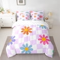 thumbnail image 2 of Manfei Daisy Flower Floral Bedding Comforter Set 7 Pieces for Kids, Swirl Checkered Square Full Bedding Set, Purple Buffalo Fitted Sheet Flat Sheet, Breathable Home Decor, 2 of 7