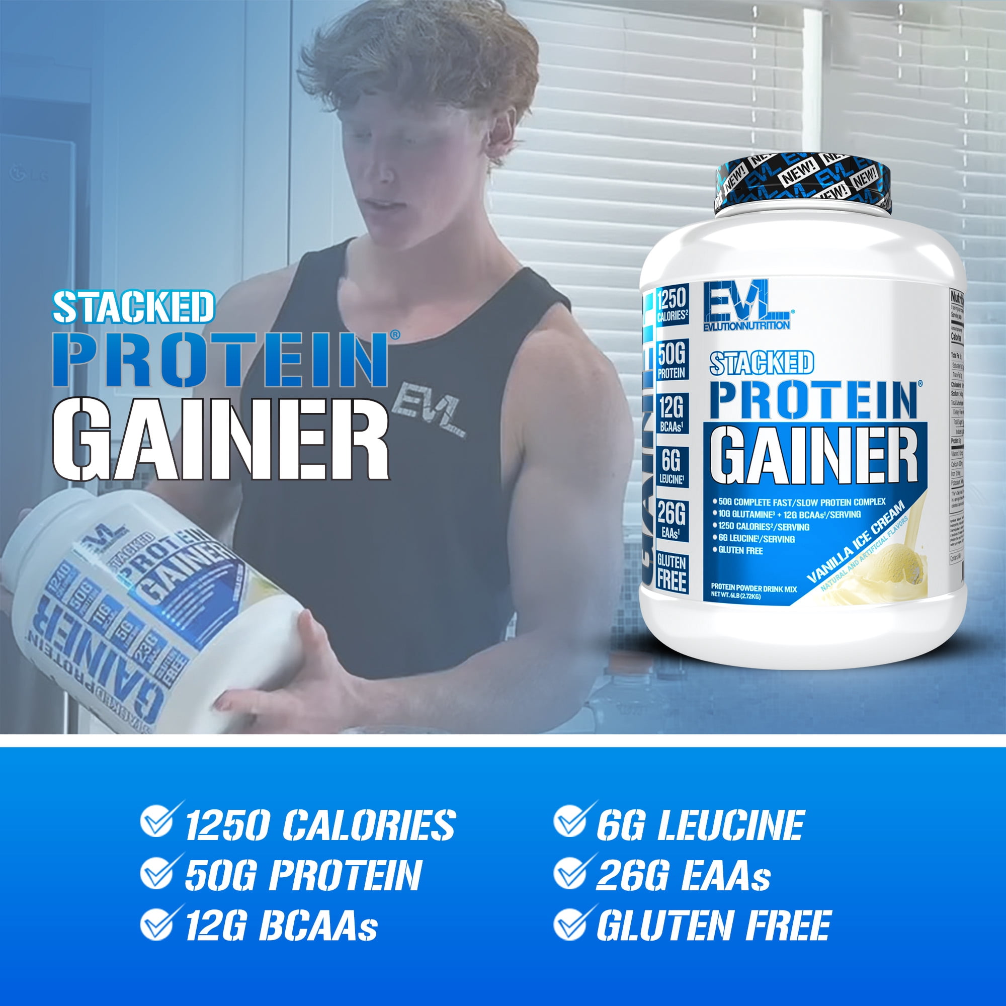 Evlution Nutrition Stacked Protein Gainer, 50 Grams Whey Protein Powder Complex, 250 Grams Carbohydrates, Build Muscle, Recovery, Post Workout, Gluten-Free - 6 lb