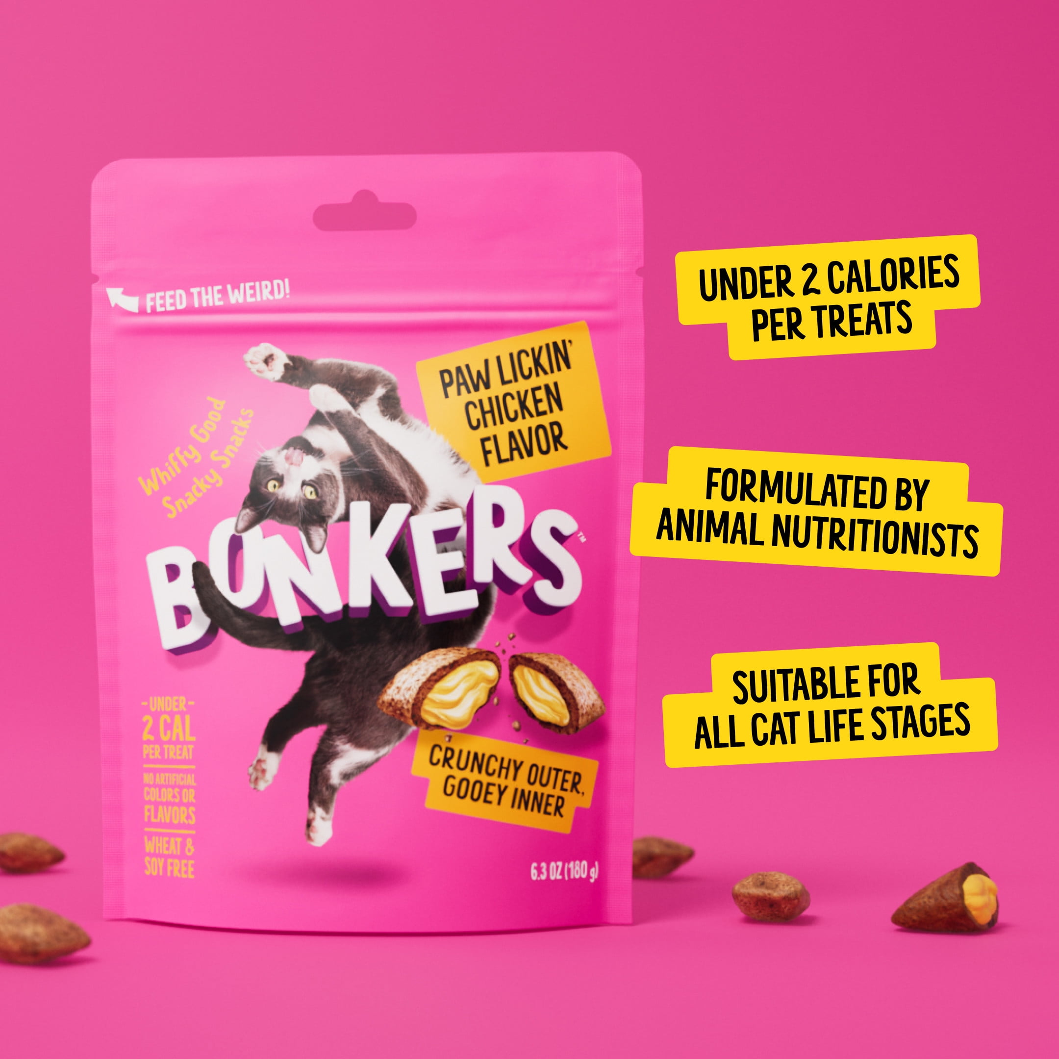 BONKERS Bites Paw Lickin' Chicken Flavor Crunchy & Soft Treats for Cats, 30oz Tub