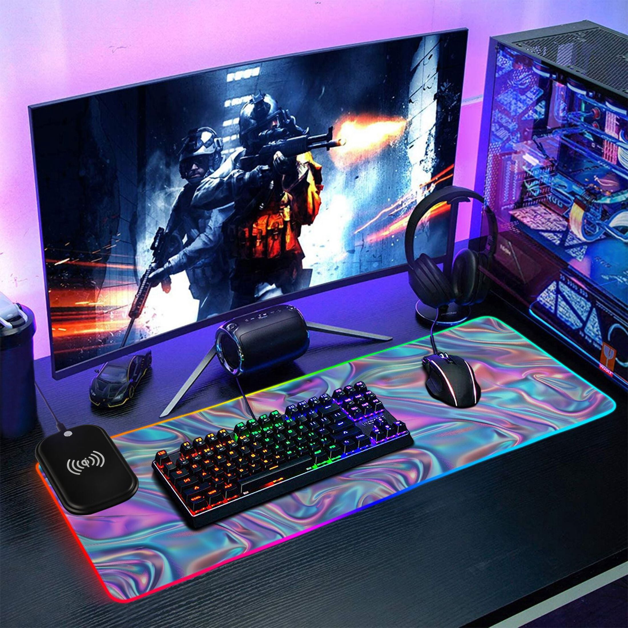 Wireless Charging Mouse Pad Large RGB Gaming Desk Mat 13 Light Modes Mousepad 31.5x11.8 Iridescent Liquid Marble