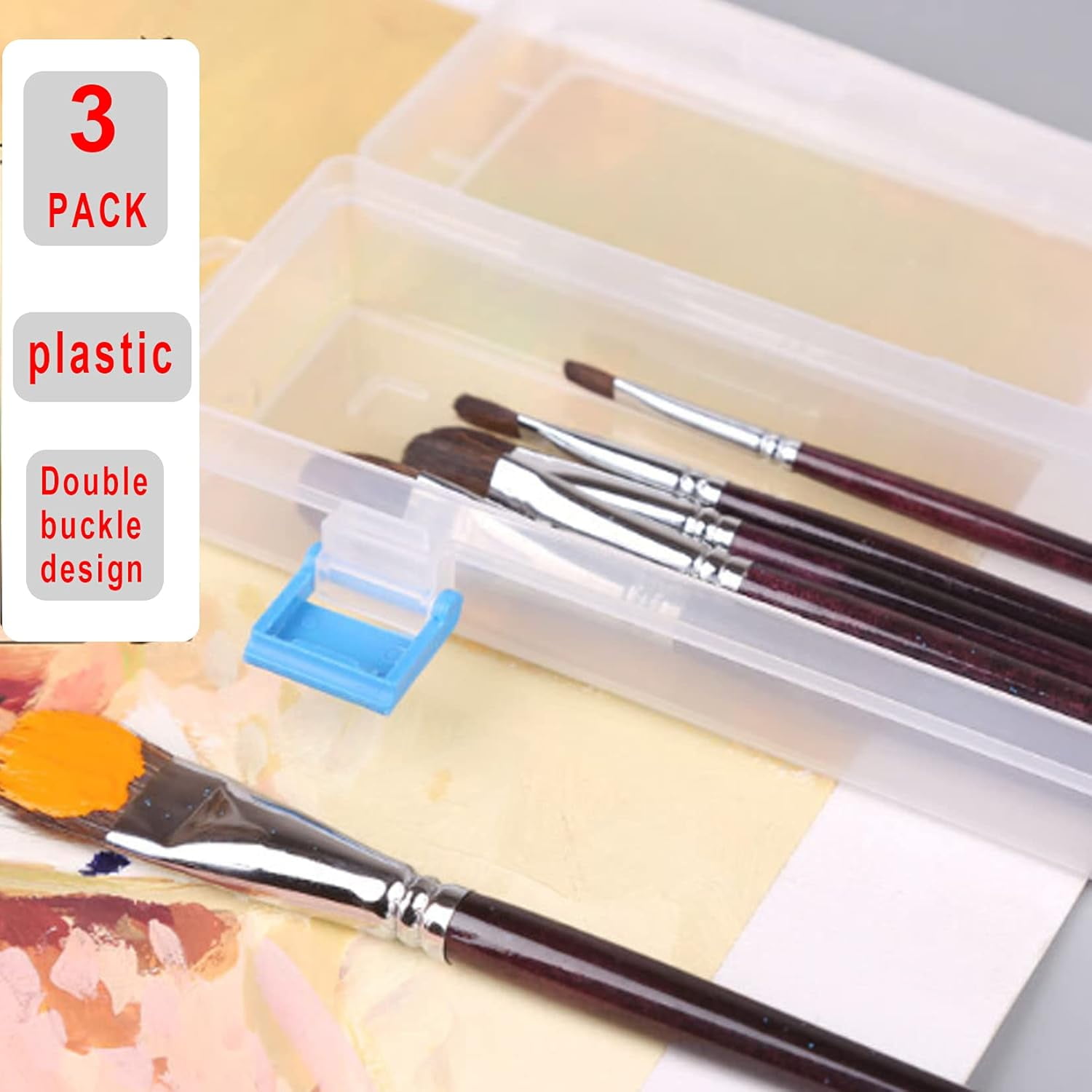ABCISI 3PCS  Paint Brushes Storage Box, Plastic Paint Brush Holders Clear Case, Long Drawing Pen Watercolor Pens Pencils Drawing Tools Container with Buckle Design (13 x 2.7 x 1.4 inches)