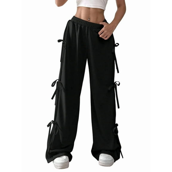 Women'S Loose Sweatpants Elastic Waist Casual Wide Leg Pants with Pockets Y2K Travel Pants Black L