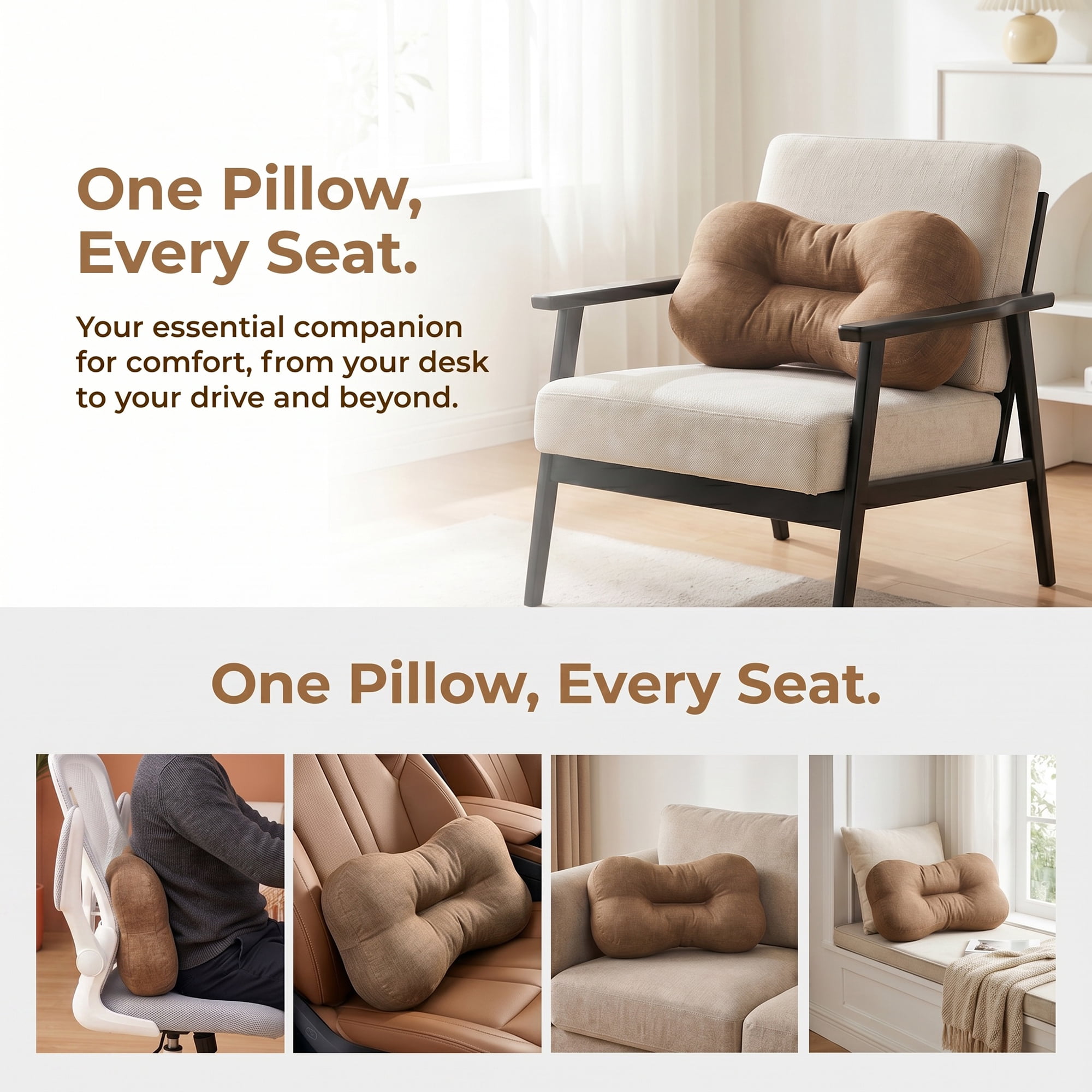 Unique Bargains Lumbar Support Pillow Flax Back Support Light Brown 18.9" x 10.6"