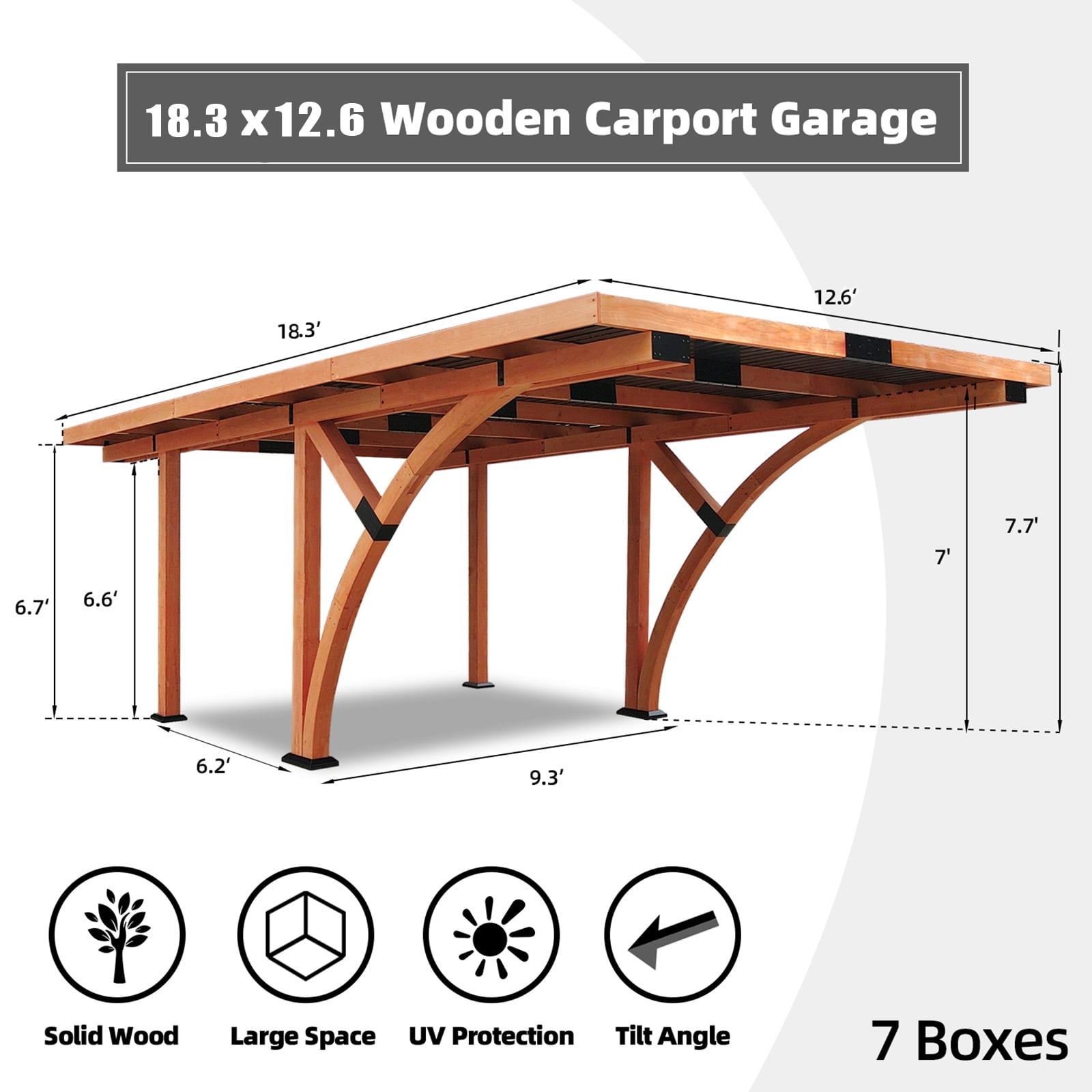 Beneouya 18.3x12.6x7.7ft Heavy-Duty Wood Carport with Steel Roof for Driveway Shelter