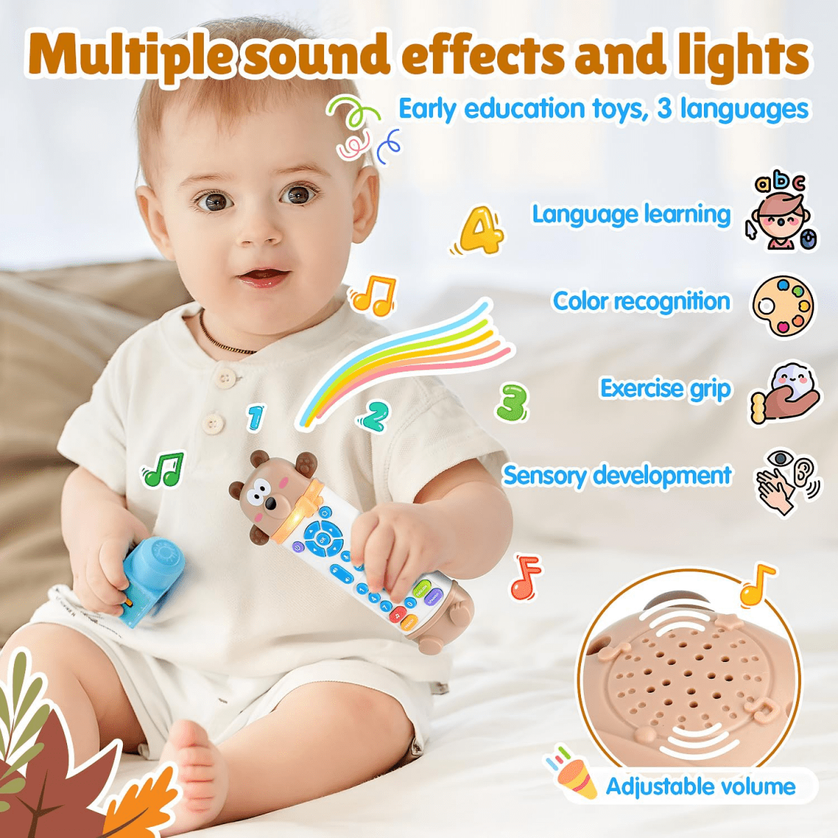 Baby Remote Control Toy with Silicone Teether, Remote Teether for Baby with Realistic Lights and Sounds - 3 Languages (English, Spanish & French), Baby Musical Toys Gifts for Boys Girls 6 Month+