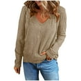thumbnail image 2 of Charella Womens V-neck Shirt Casual Long Sleeve Pullover Tops Loose Sweatshirts Khaki,12, 2 of 9