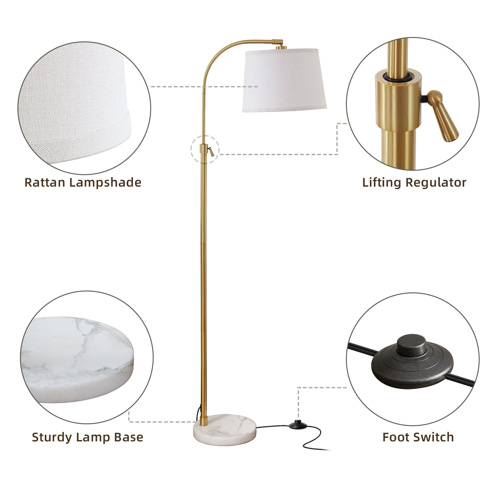 RORIA Modern Gold Floor Lamps,54-64”Height Adjustable Curved Standing Lamp,With a Linen Shade, Perfect for Bedrooms, Living Rooms, and Offices