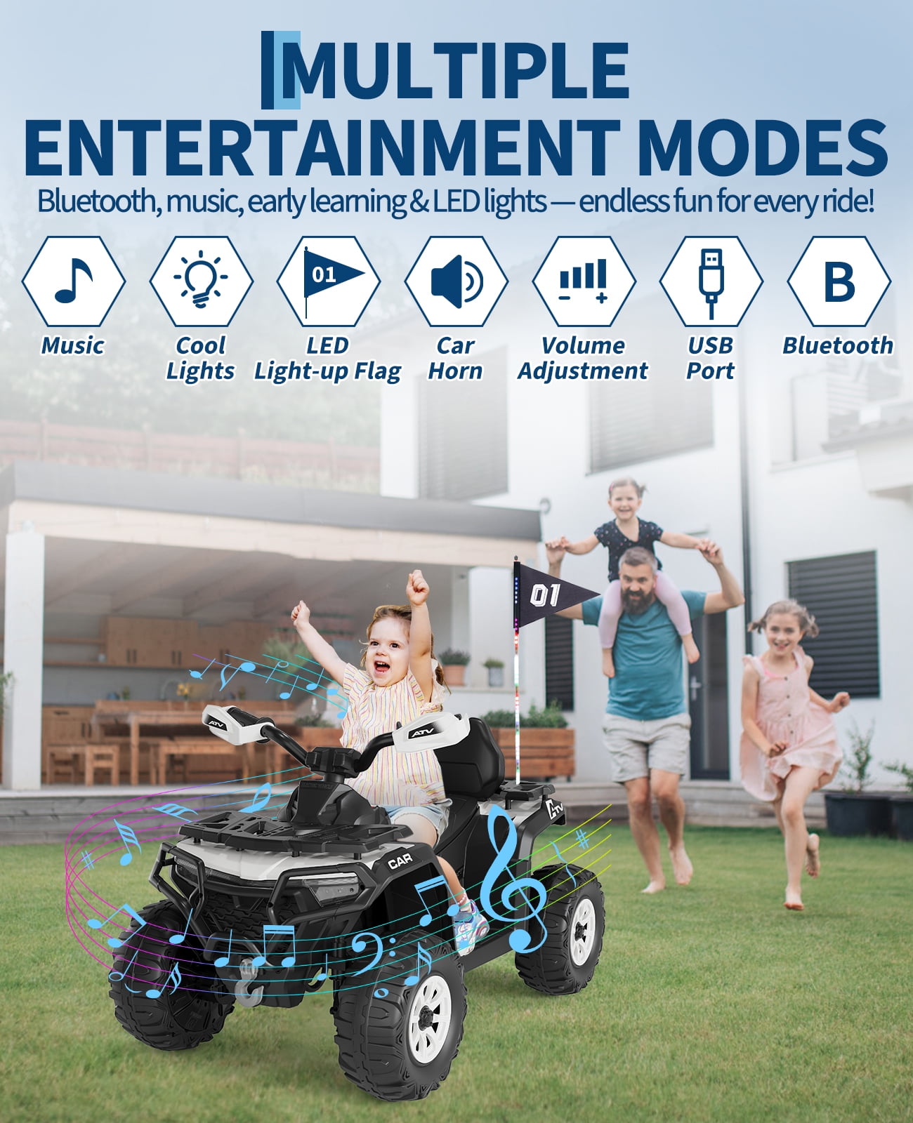 12V Electric Ride on Toys with Remote Control, Kids ATV with LED & Bluetooth, Dual 45W Motors & 3 Speed Electric Car for Kids