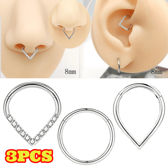 3pcs Septum Piercing Jewelry Teardrop Clicker Septum Rings, 16G 316L Stainless Steel Lip Rook Daith Conch Tragus Cartilage Helix Earrings 8MM