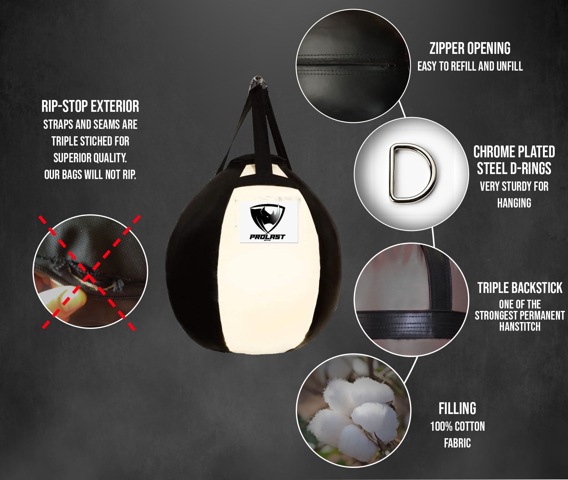 PROLAST Wrecking Ball Heavy Bag Body Snatcher Professional Boxing Training Muay Thai MMA Specialty Punching Bag Filled ( Black and White )