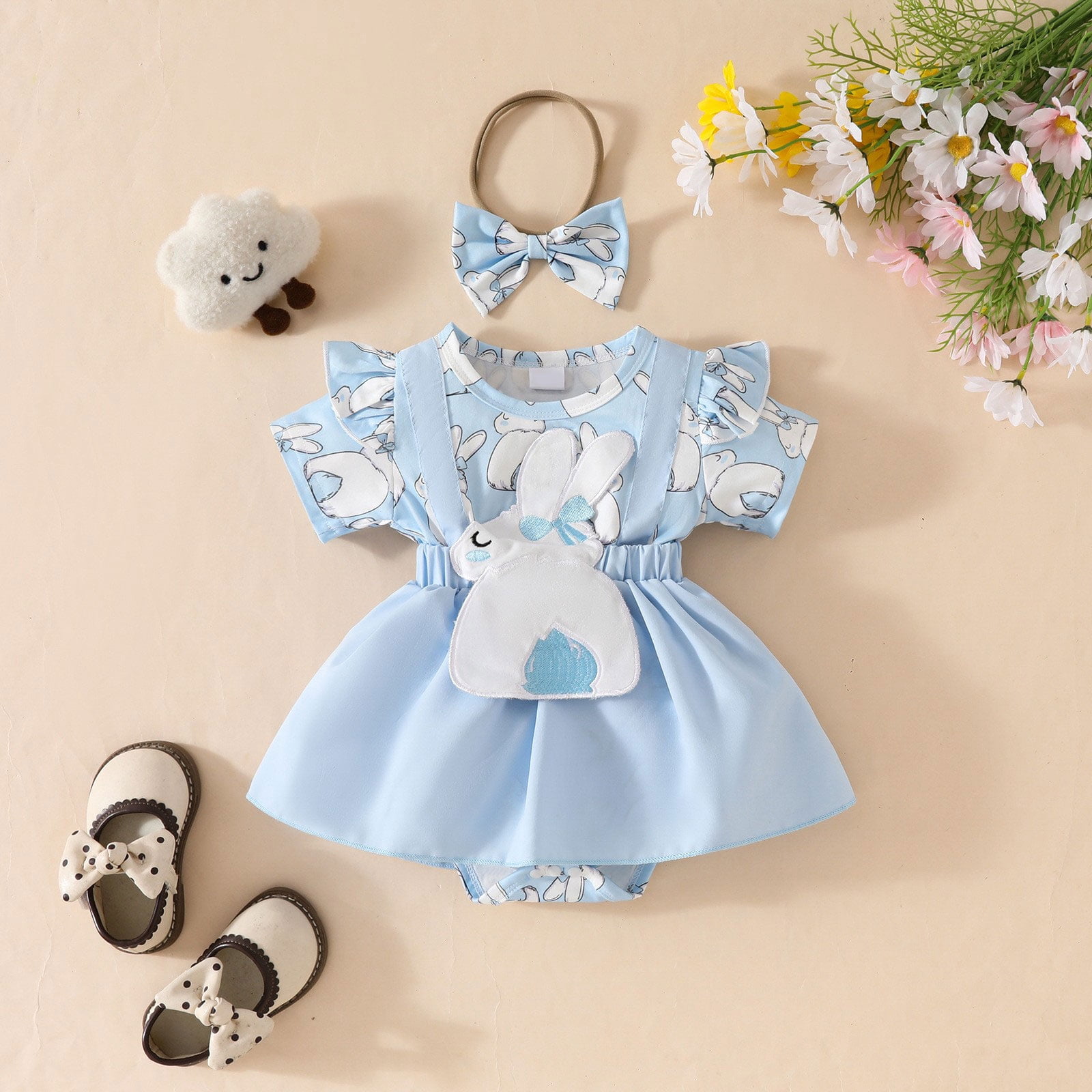 Staki Baby Dress Bodysuit Newborn Baby Girl Summer Dress Ruffle Sleeveless Floral Embroidery Romper Dress Headband Beautiful Clothes Set 0-18M(Dark Blue,9-12 Months)