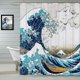 thumbnail image 1 of Cortina de ducha con ondas japonesas Kanagawa de 180 x 180 cm, cortina de baño de tela de poliéster, resistente al moho, impermeable, lavable, con 12 ganchos para baño, 1 of 4