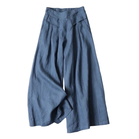 Yutgune Women Linen Wide Leg Pants Drawstring Elastic High Waist With Pockets Casual Beach Summer Pants