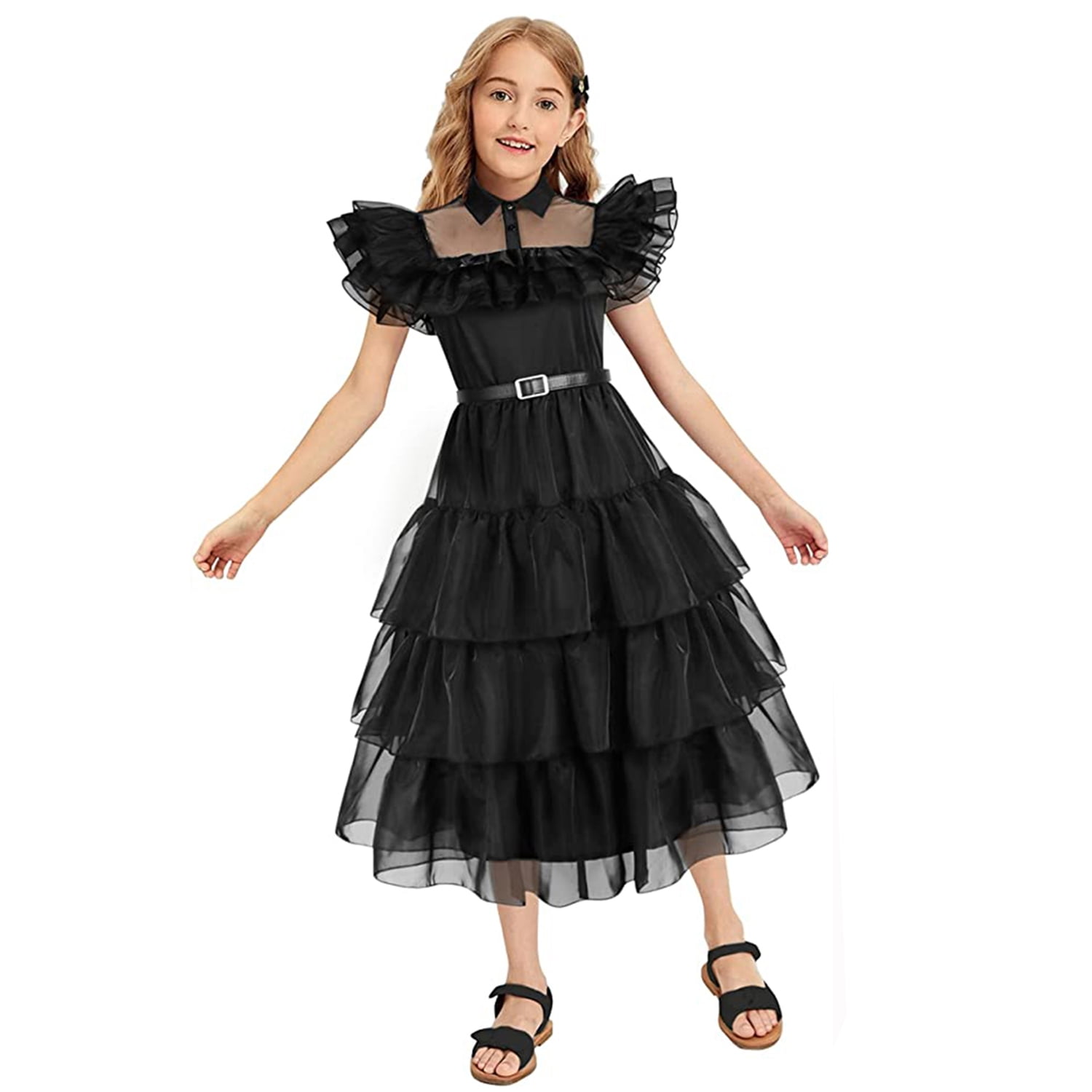 KAWELL Wednesday Addams Costume Dress for Girls Wednesday Cosplay Costume Halloween Outfit for 5-12 Years