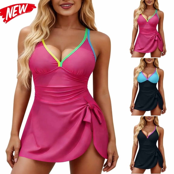 Taqqpue Women's One Piece Swimdress Swimsuit Plus Size Tummy Control Swim Dress Solid Color Flowy V Neck Push Up Skirted Bathing Suit for Women