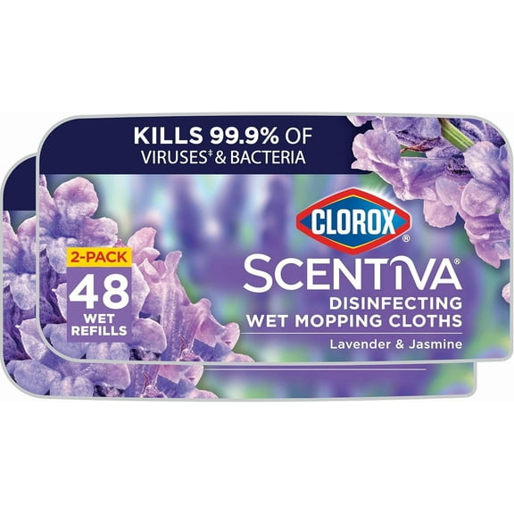 Scentiva Disinfecting Wet Mop Pad, Disposable Heads, Multi-Surface Floor Wipes, Lavender and Jasmine, 2 Packs, 24 Refills Per Pack (Package May Vary)