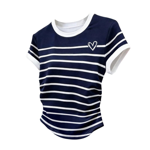 Liweisiy Women'S Striped Crewneck Tees Cap Sleeve Side Ruched Relaxed Fit Shirts Summer Trendy Graphic Casual Tops Navy S