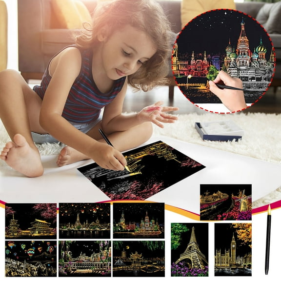 ABPWLY Toys Colorful City Scratch Art Paper Night Scene Drawing Kit for Adults Kids Stress Relief Holiday Gift Sensory Toys