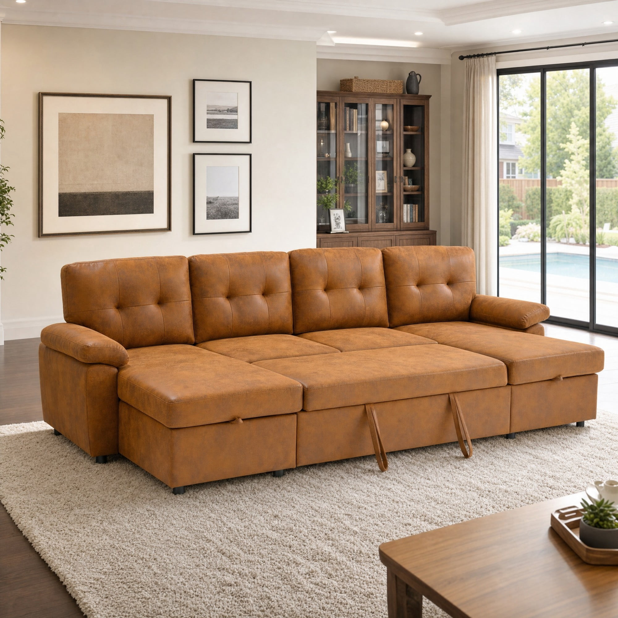 BSHTI 112" Polyester Fabric U-Shaped Sectional Sleeper Sofa Bed with Pull-Out Bed,Tufted Back Cushions and Storage Chaise for Living Room(Light Brown)
