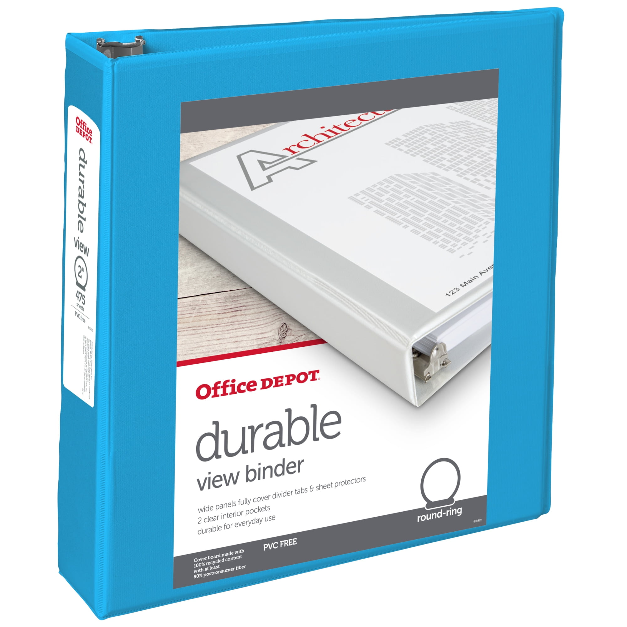 Office Depot® Brand 49% Recycled Durable View Round-Ring Binders, 2' Round Rings, Blue