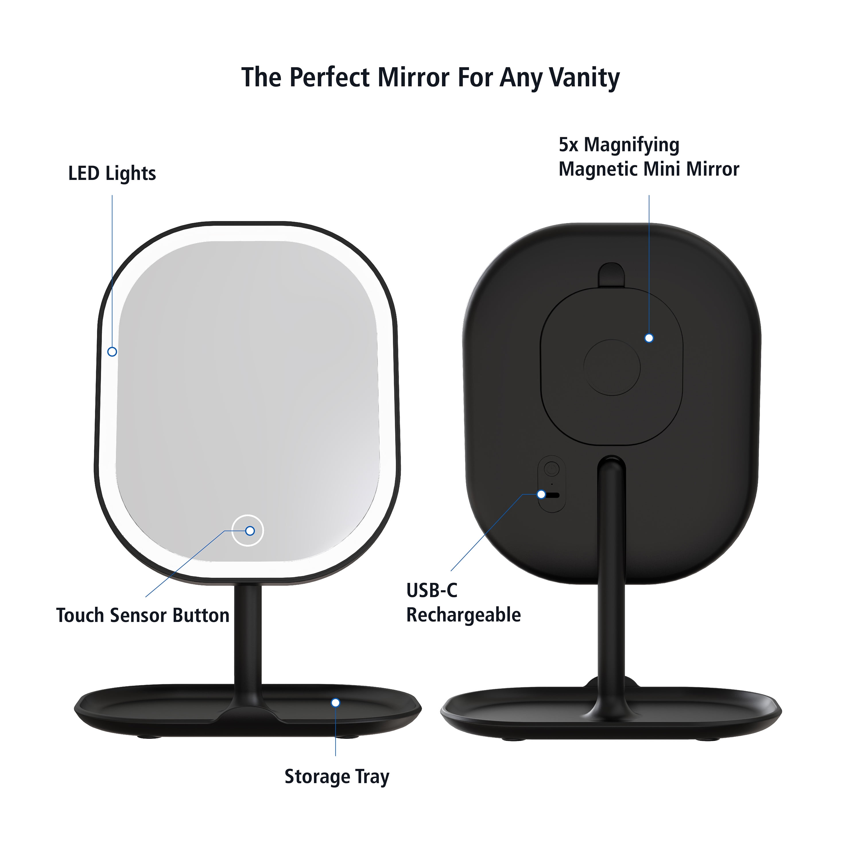 Mainstays LED Makeup Mirror, Rechargeable Vanity Mirror with Lights and Storage Tray Base, Black