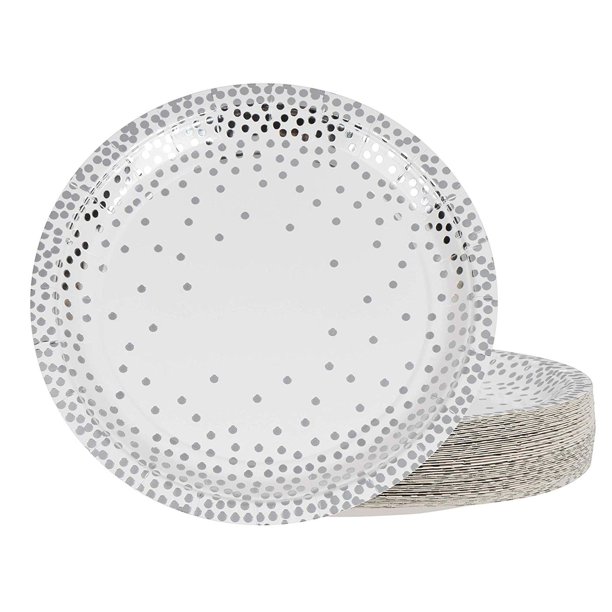 Silver Disposable Plates 48Pack Metallic Silver Foil Polka Dot Paper Party Plates, 9Inch
