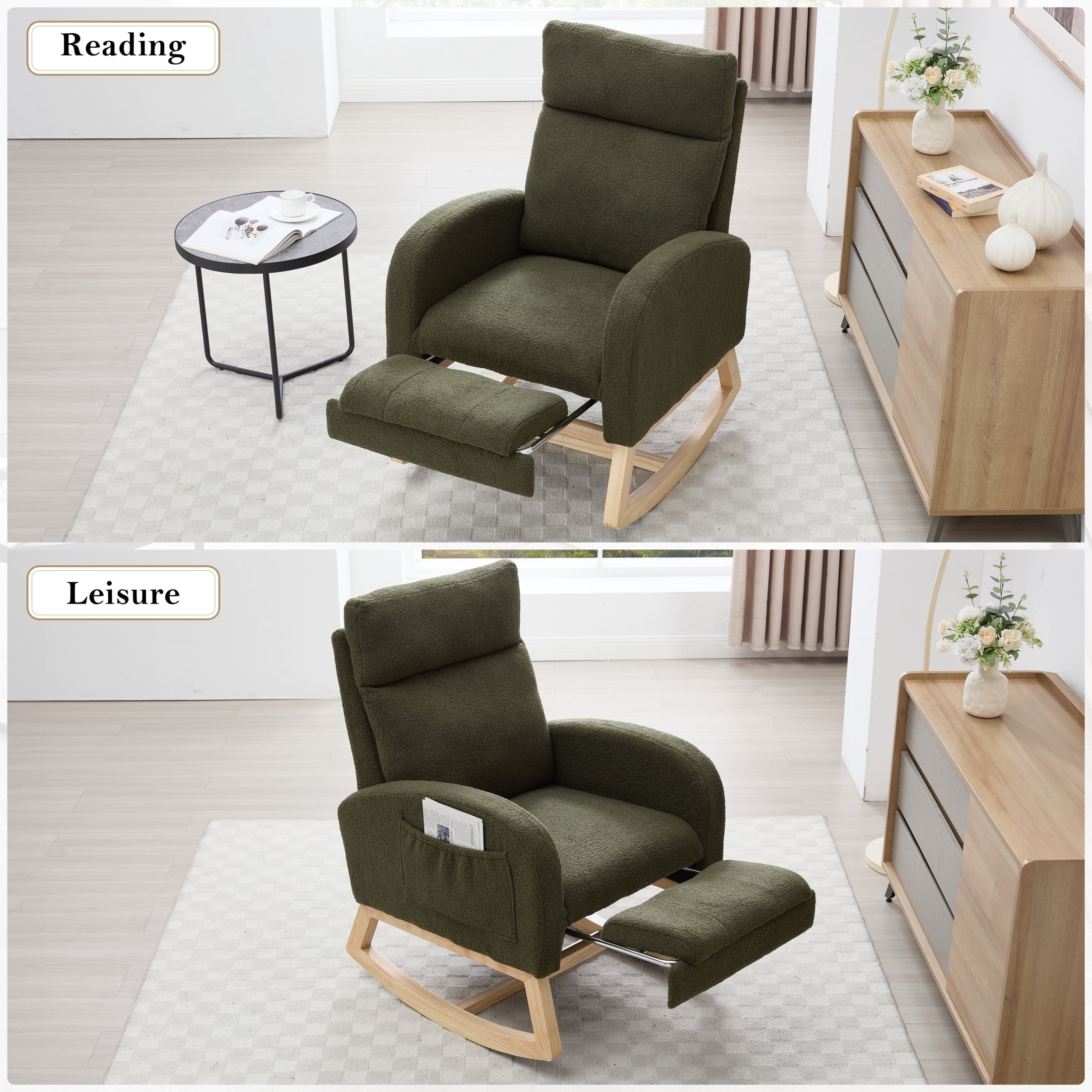 Noble House Arlais Teddy Nursery Rocking Chair with Adjustable Footrest, Comfortable Accent Glider Daybed, Green
