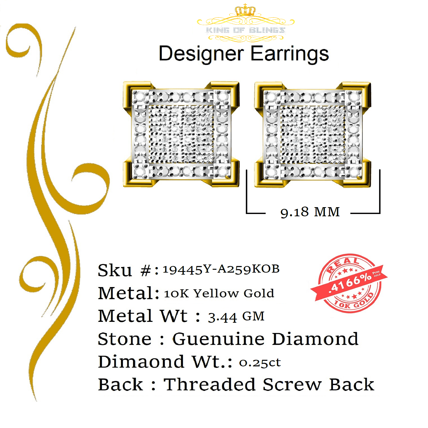 King of Bling's 10K Real Yellow Gold with 0.25CT Real Diamonds Men's/Women's stud Square Earring