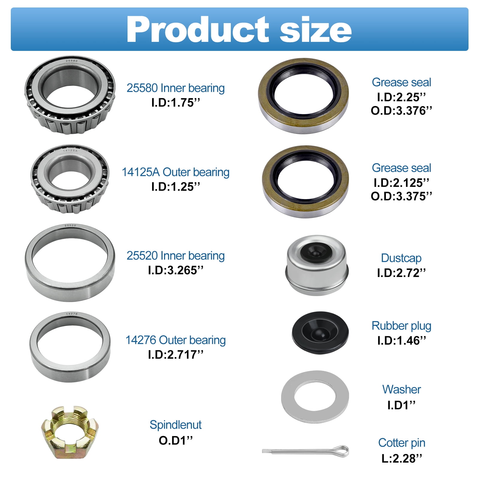 4 Set 25580 14125A Trailer Axle Bearings Kit with 10-36 22333TB Grease Seals,2.72'' Trailer Dust Caps, Cotter Pins, Axle Nuts & Washers, Fits for 1.25" to 1.75" 5200-7000 lb Tandem Axles #D42 Spindle