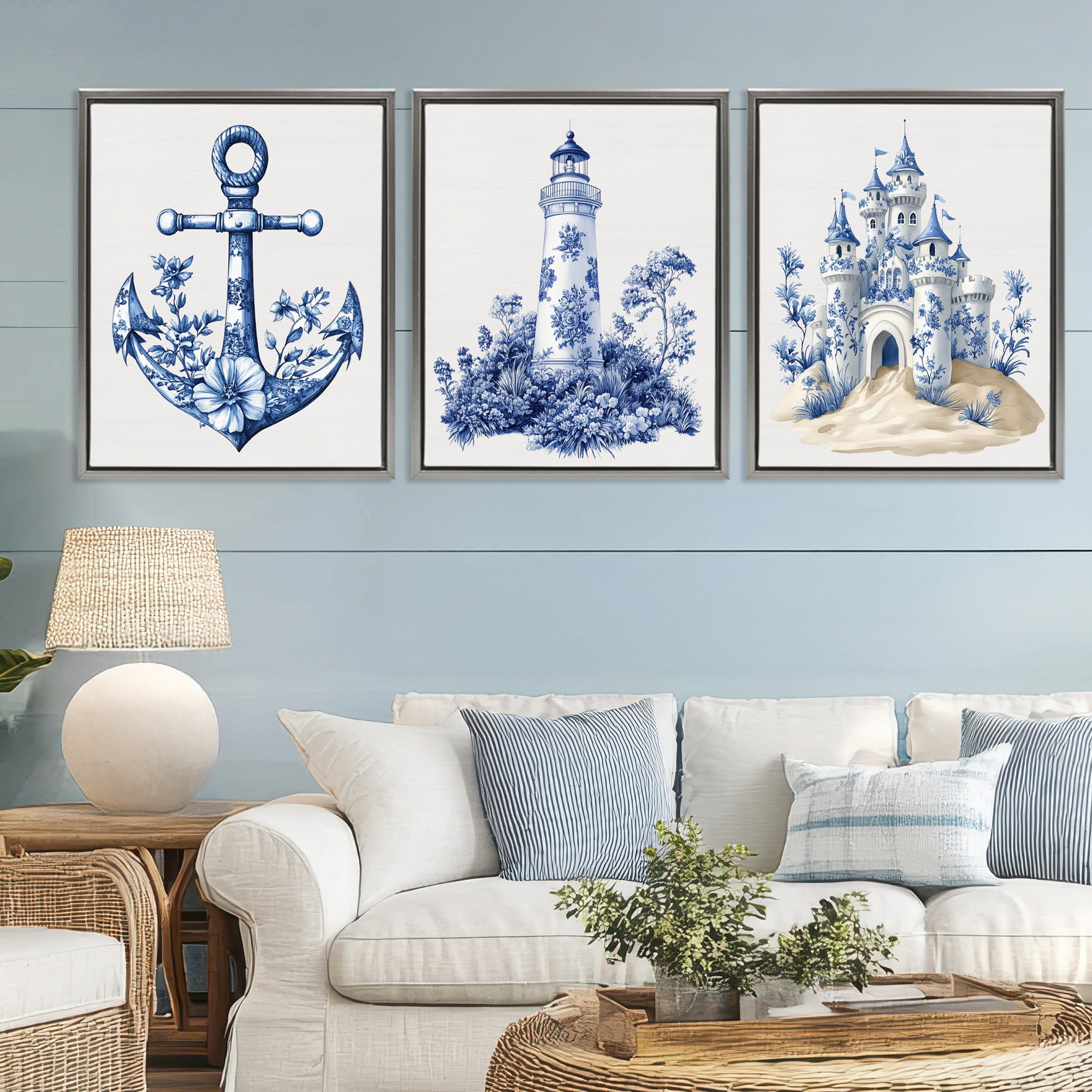 Ornate Nautical Toile Patterns 3 Piece Gray Framed Floater Canvas Set, design by Lettered and Lined