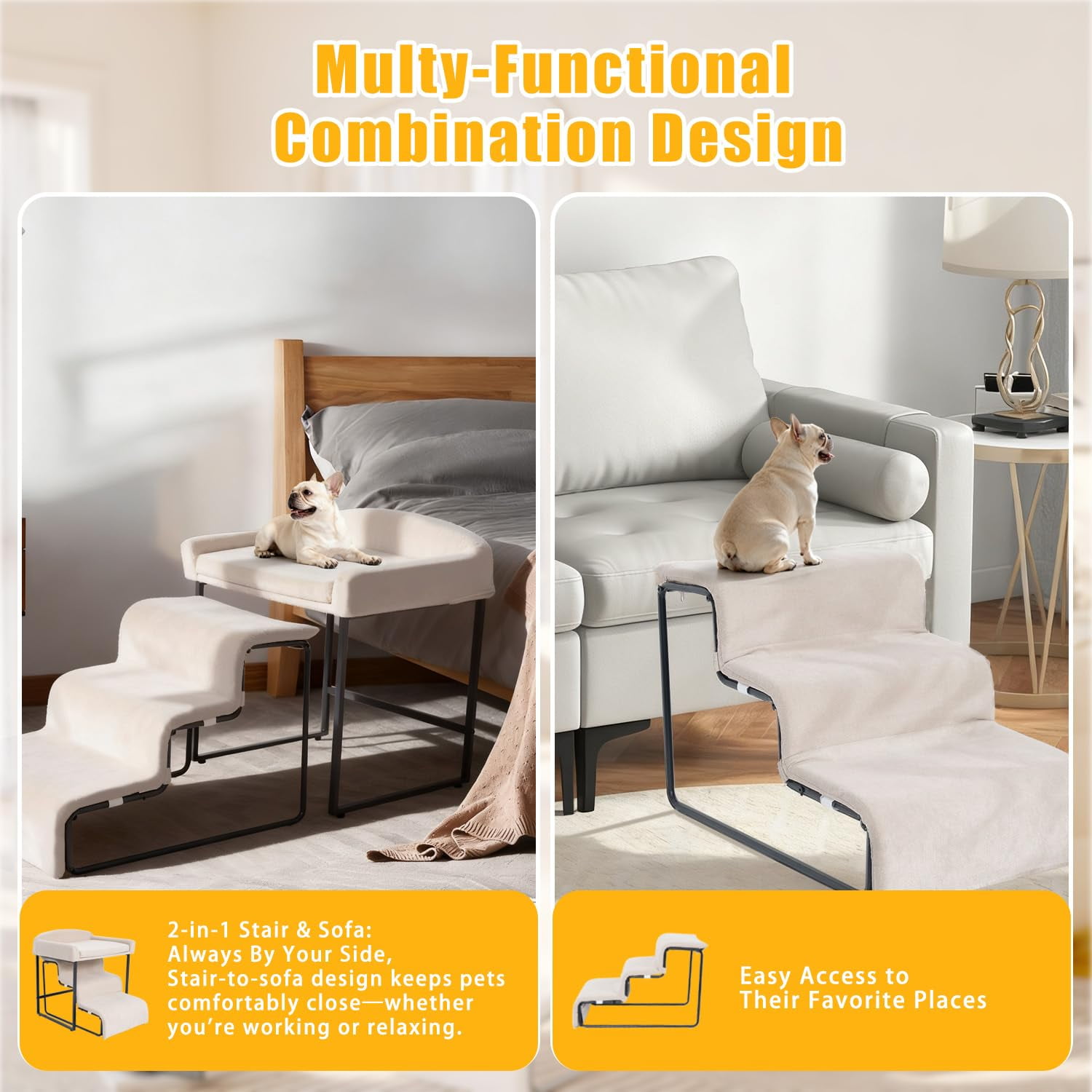 Dog Window Perch with Stairs, Pet Stairs Ramp with Seat, Dog Perch to Look Out Window with Ramp, Lounge Elevated Dogs Bed, Small Pet Step, Multi-Level Platform with Foam Upholstery