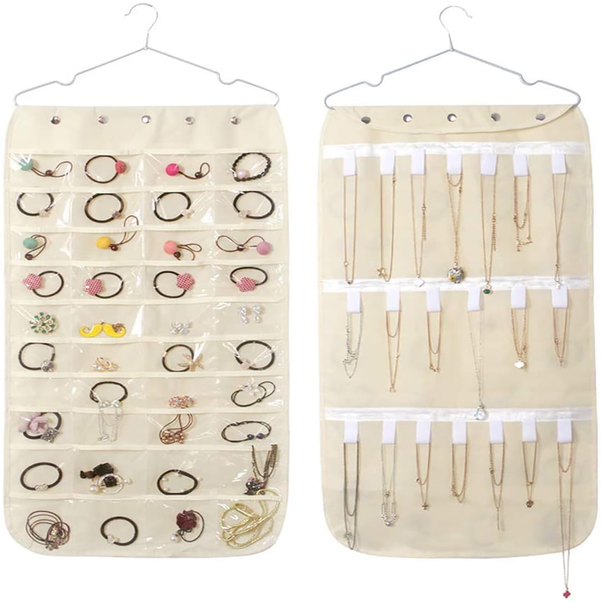 Kepooman Dual-sided Hanging Jewelry Organizer with 40 Pockets & 20 Hook & Loops Necklace Holder & Hanger, Beige Kepooman Dual-sided Hanging Jewelry Organizer with 40 Pockets & 20 Hook & Loops Necklace Holder & Hanger, Beige