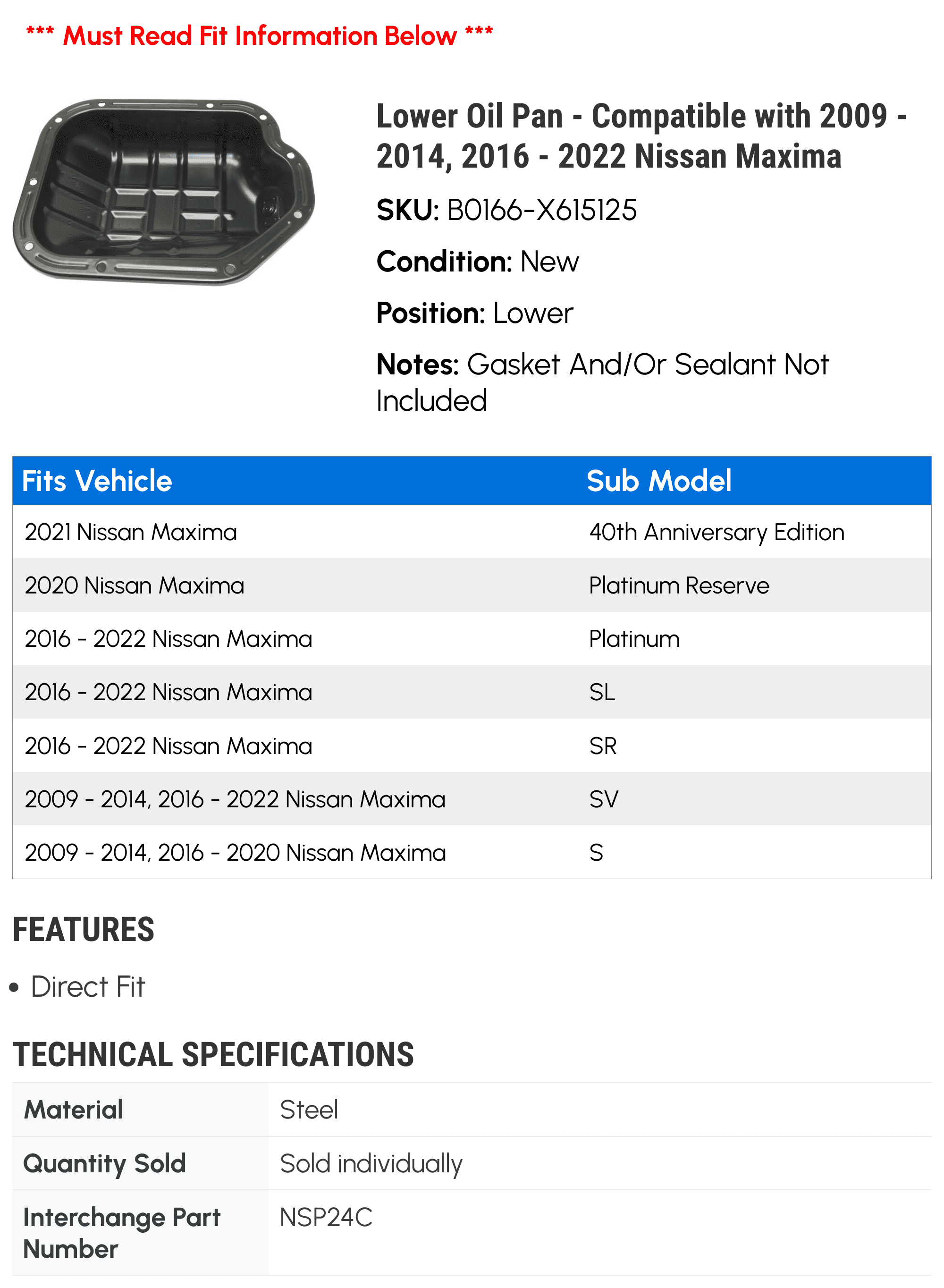 Lower Oil Pan - Compatible with 2009 - 2014, 2016 - 2022 Nissan Maxima 2010 2011 2012 2013 2017 2018 2019 2020 2021