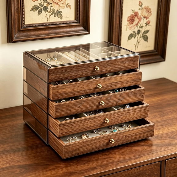 DESIGNICE Jewelry Box Organizer 5 Drawers Jewelry Organizers Storage Acrylic Lid Vintage Jewelry Drawer Organizer Earrings Rings Necklace Bracelets Gift Idea Women Girls