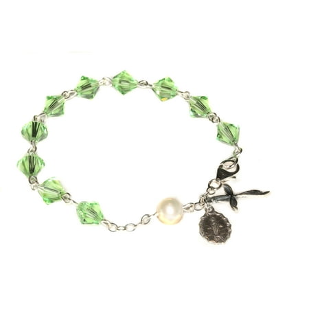 Square Swarovski Rosary Bracelet - Sterling Silver Women's Rosary Bracelet made with Peridot Green Swarovski Crystals and Cultured Freshwater Pearl (August)