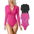 thumbnail image 1 of Women's 2 Piece Bodysuits Sexy Ribbed One Piece Zip Front Long Sleeve Tops Bodysuits, 1 of 6