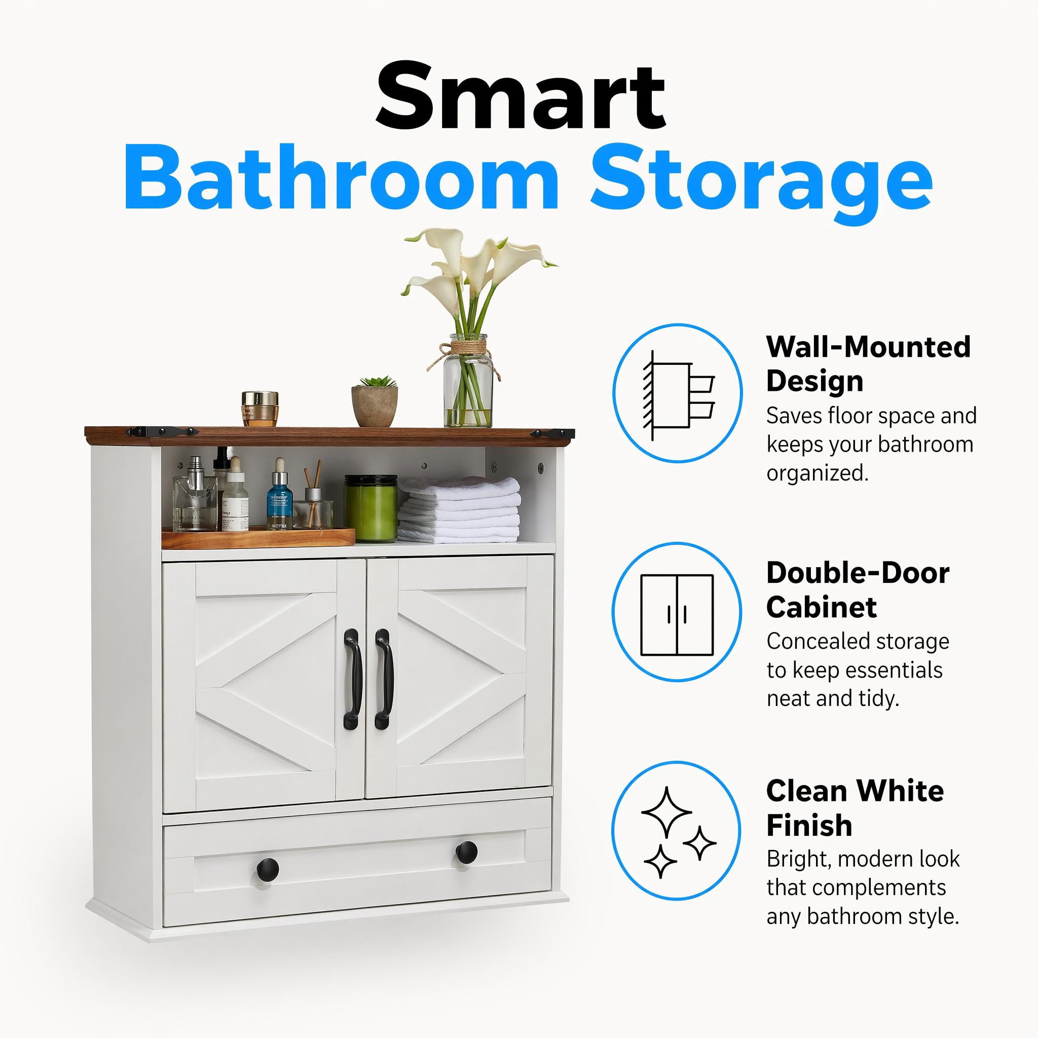 Garvee Bathroom Wall Cabinet, Farmhouse Medicine Cabinet, 24" Wide Cabinet with Drawer, Adjustable Shelf, Double Barn Doors, Storage Cabinet for Bathroom, Kitchen, Living Room White