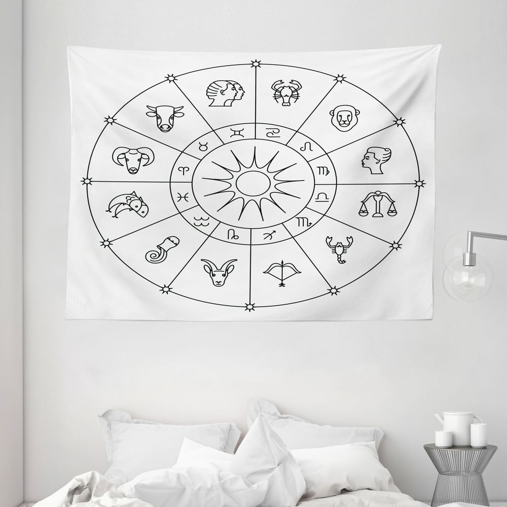 Astrology Tapestry, Sketchy Zodiacal Circle with Astrology Signs Aries