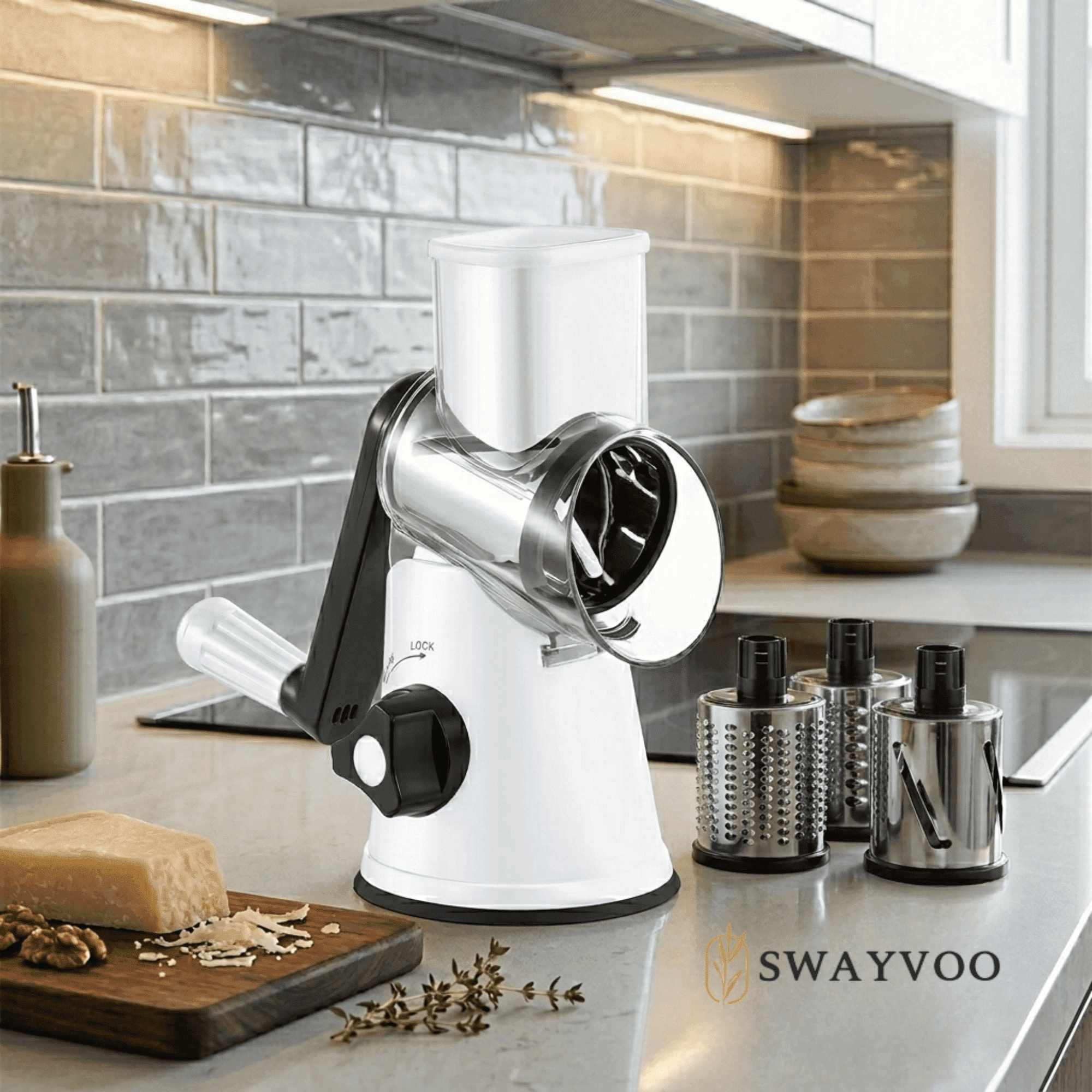 Swayvoo Rotary 3 Blade Set Cheese Grater, Mandoline Vegetable Chopper, Cheese Shredder, Rotating Drum Grater - White
