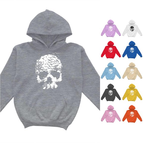 RUTAYY Girls Pullover Hoodie Vintage Skull Art Graphic Long Sleeve Casual Fall Sweatshirt with Front Pocket for Kids Grey