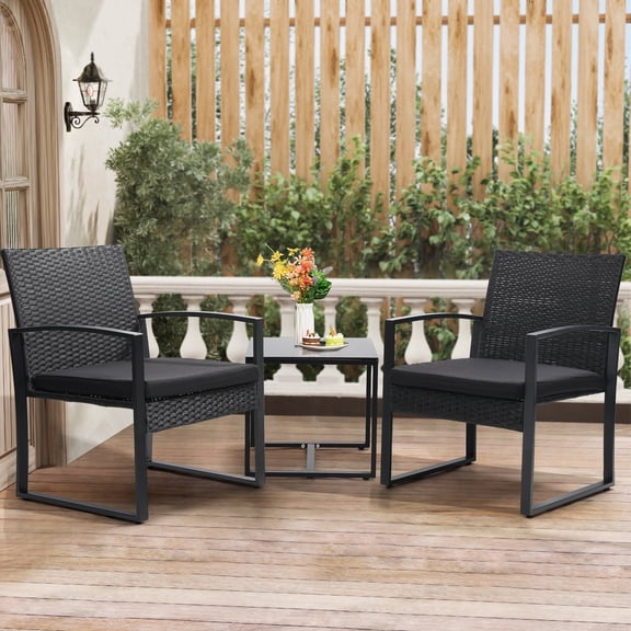 KROFEM 3-Piece Patio Bistro Set, All-Weather, Outdoor Wicker Furniture with Tempered Glass Table and Waterproof Cushions for Porch, Balcony, Black