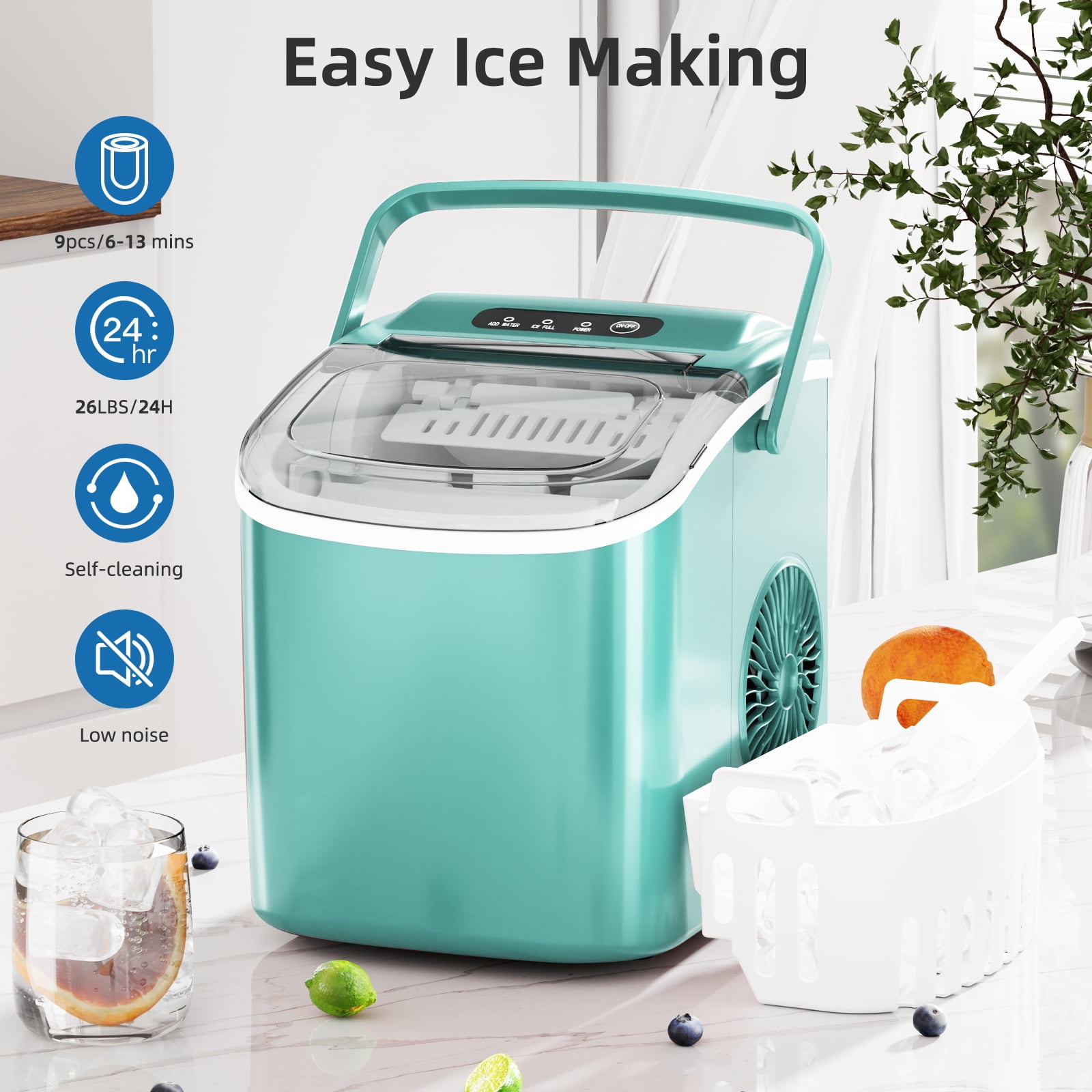 FREE VILLAGE Ice Makers Countertop,Portable Ice Maker Machine with Self-Cleaning,26.5lbs/24Hrs,6 Mins/9 Pcs Bullet Ice,Ice Scoop and Basket,Handheld Ice Maker for Kitchen/Home/Office/Party